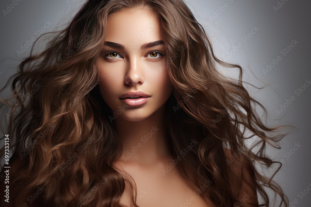 Naklejka premium Closeup view of the face of a beautiful woman with long, wavy and shiny hair. Fashion, cosmetics and make-up.