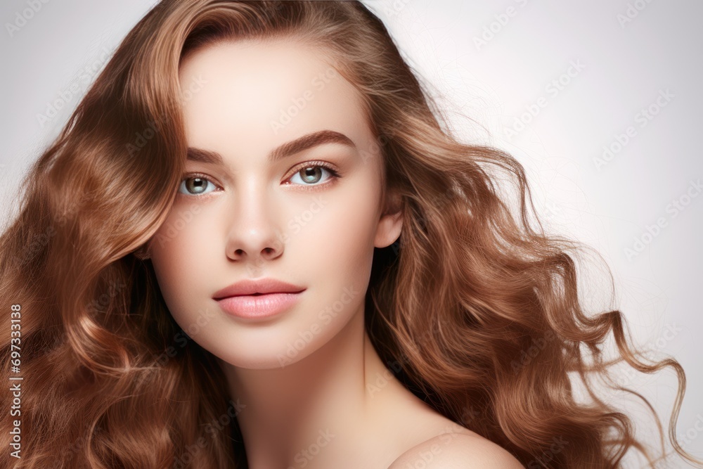 Closeup view of the face of a beautiful woman with long, wavy and shiny hair. Fashion, cosmetics and make-up. Closeup view of the face of a beautiful woman with long, wavy and shiny hair. Fashion, cosmetics and make-up.