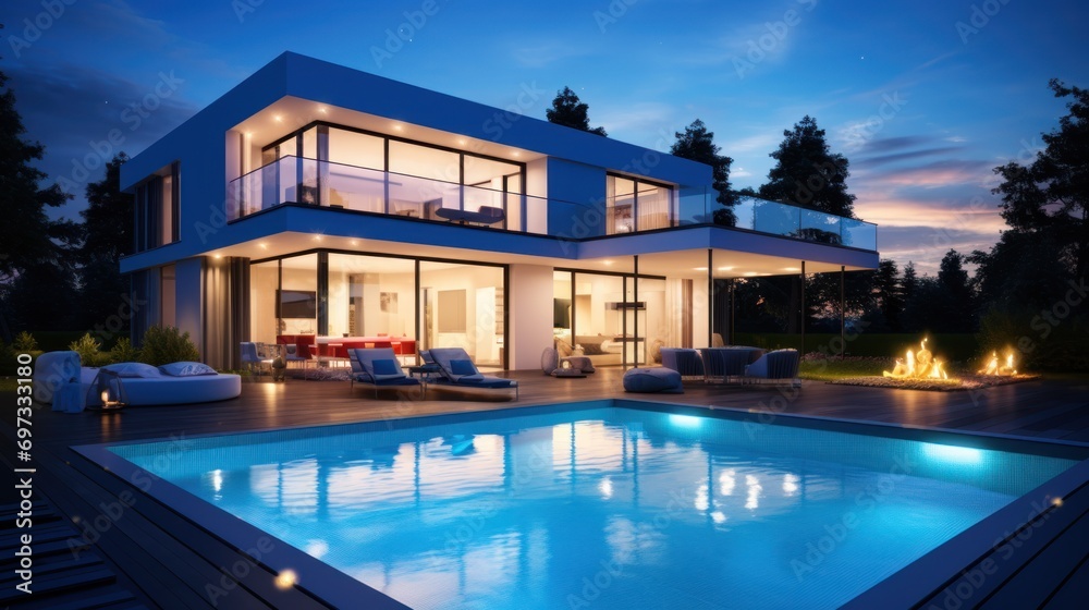 Contemporary house with swimming pool in front of the house, twilight atmosphere, bright lights throughout the house.