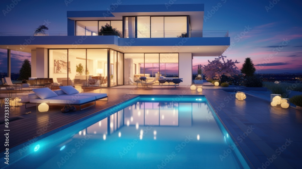 Contemporary house with swimming pool in front of the house, twilight atmosphere, bright lights throughout the house.