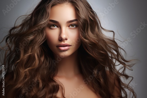 Closeup view of the face of a beautiful woman with long, wavy and shiny hair. Fashion, cosmetics and make-up.
