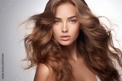 Closeup view of the face of a beautiful woman with long, wavy and shiny hair. Fashion, cosmetics and make-up.
