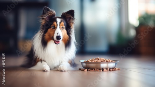 Collie dog waiting for food in a bowl Focus on the pellets in the bowl. pet food ideas