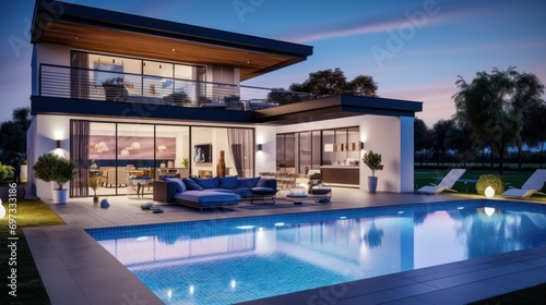 Contemporary house with swimming pool in front of the house  twilight atmosphere  bright lights throughout the house.