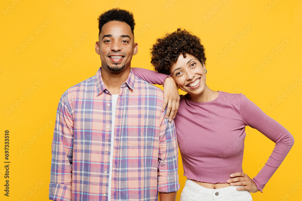 Young smiling happy couple two friends family man woman of African ...