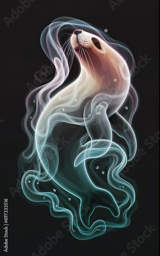 an ethereal and mesmerizing image of an Harp Seal Embrace the styles of illustration, dark fantasy, and cinematic mystery the elusive nature of smoke