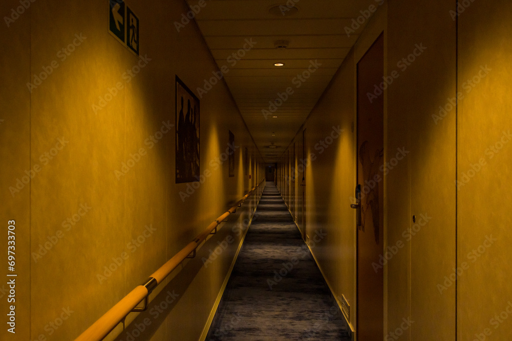 Dark Hallway Corridor in a hotel inside a big ferry ship