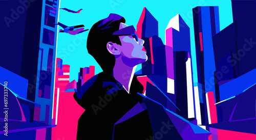 woman using metaverse with glasses on city background