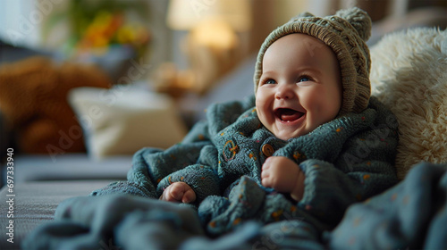 A cheerful baby in a green knitted blouse and hat sits on the sofa and laughs cheerfully, looking up. concept of Happy childhood and children's health