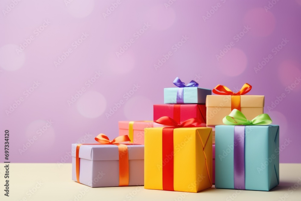 Obraz premium Colorful gift box binding with color Ribbon and blur background Ai generated