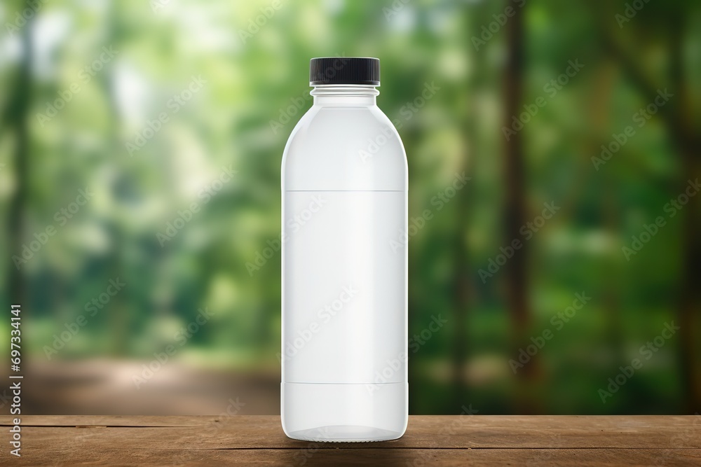 An empty white plastic bottle on a background of trees with a blur effect An empty white plastic bottle on a background of trees with a blur effect