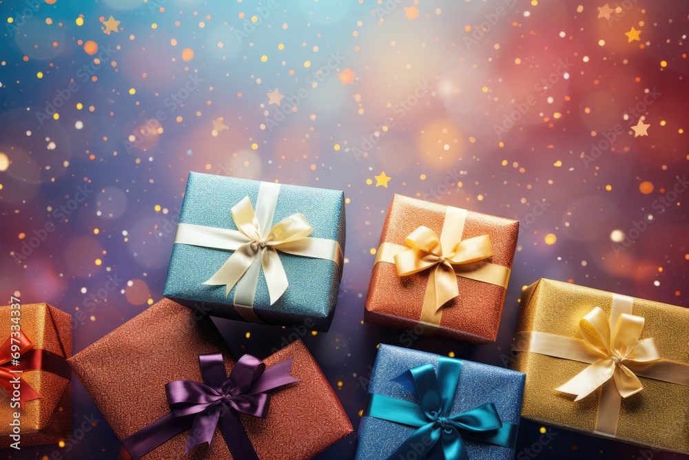 custom made wallpaper toronto digitalColorful gift box binding with color Ribbon and blur background Ai generated