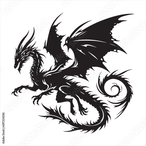 Nighttime Fantasy: Majestic Dragon Silhouette Gliding Across the Moonlit Horizon - Flying Dragon Silhouette
