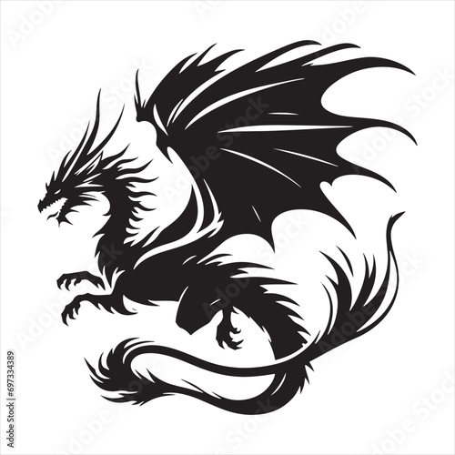Ethereal Flight Over Mountain Peaks: Silhouette of a Majestic Flying Dragon - Flying Dragon Silhouette
