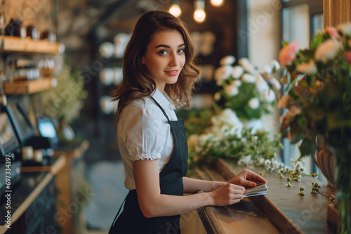 beautiful young flower shop seller stands behind the counter at the cash register and looks at the camera photo