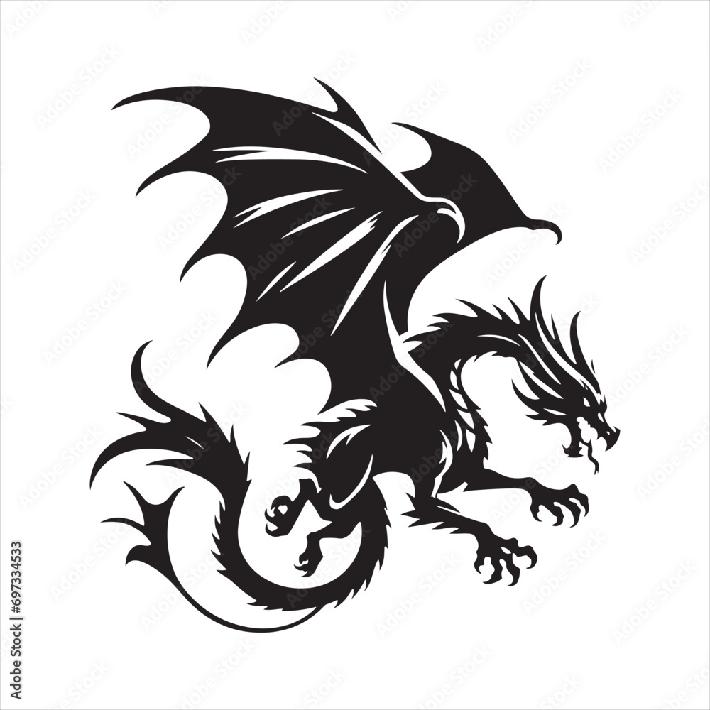 Obraz premium Dynamic Midnight Sky, Fiery Dragon Silhouette Evoking a Sense of Fantasy - Silhouette of Flying Dragon 