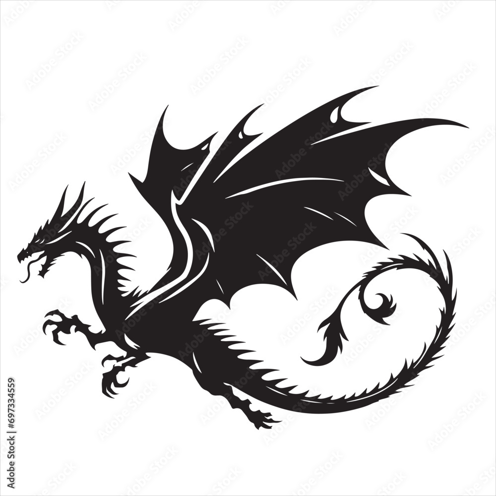 Obraz premium Enigmatic Creature, Darkened Wings Spread Wide in the Twilight Hour - Flying Dragon Silhouette 