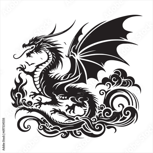 Fiery Breath and Dragon Magic, Shadowed Against a Celestial Canvas - Silhouette of Flying Dragon 