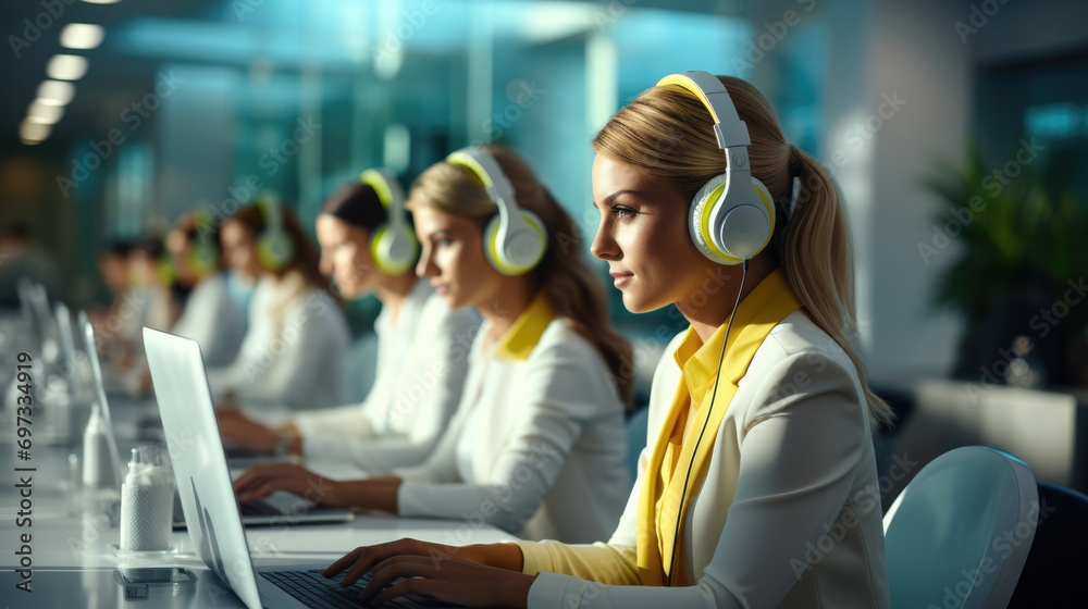 Call center team working on laptop and headsets Call center team working on laptop and headsets