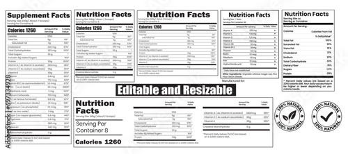 Nutrition facts template, supplement facts template and vitamin facts template vector photo