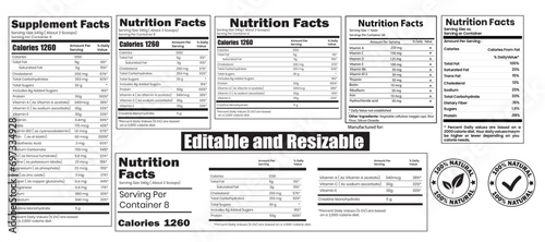Nutrition facts template, supplement facts template and vitamin facts template vector