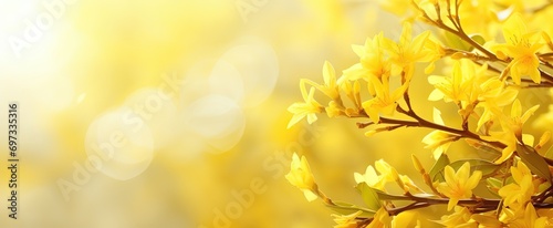 soft focus beautiful yellow flower blossom branch in gentle light, calm and peaceful spring flower background, Generative Ai © QuietWord