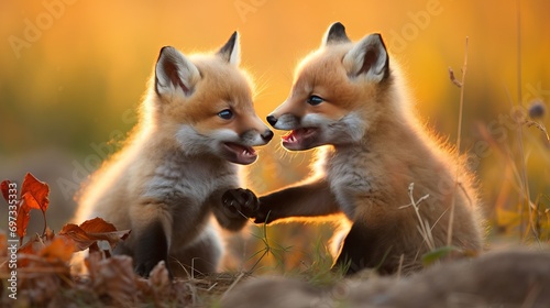 Baby foxes with beige fur are battling against each other in a grassy area. © Akbar