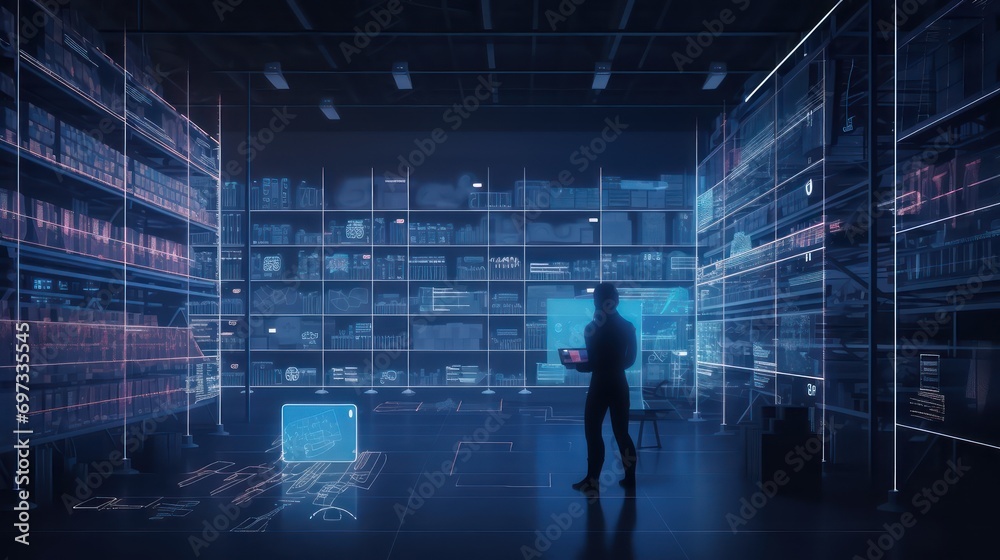 Futuristic Technology Retail Warehouse Worker Doing Inventory Walks when Digitalization Process Analyzes Goods, Cardboard Boxes, Products with Delivery Infographics in Logistics, Distribution Cente Futuristic Technology Retail Warehouse Worker Doing Inventory Walks when Digitalization Process Analyzes Goods, Cardboard Boxes, Products with Delivery Infographics in Logistics, Distribution Cente