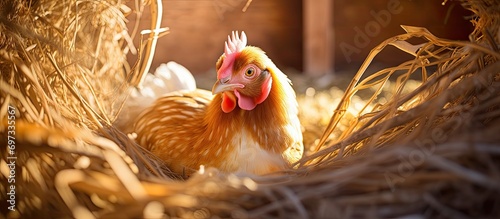 A hen hatches eggs in a nest of straw in a sunny henhouse. photo