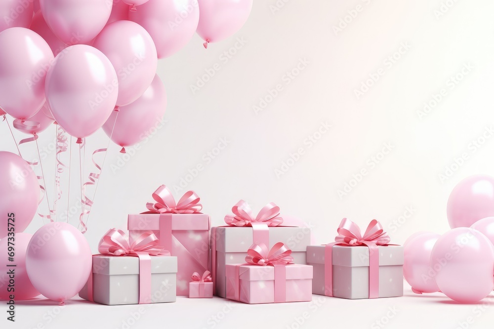 Birthday background Decoration with Pink balloons and gift boxes on white background. 3d render of birthday background, AI Generated Birthday background Decoration with Pink balloons and gift boxes on white background. 3d render of birthday background, AI Generated