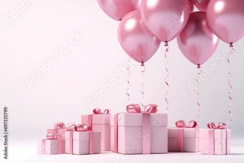 Birthday background Decoration with Pink balloons and gift boxes on white background. 3d render of birthday background, AI Generated