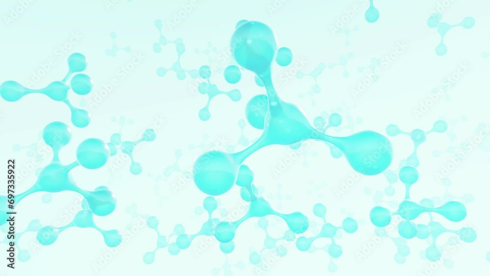 3d glass Blue transparent molecule or atoms model on light blue background. Cosmetic Essence, Liquid bubbles. Science, Suitable for biochemical, pharmaceutical, beauty and other medical concept.
