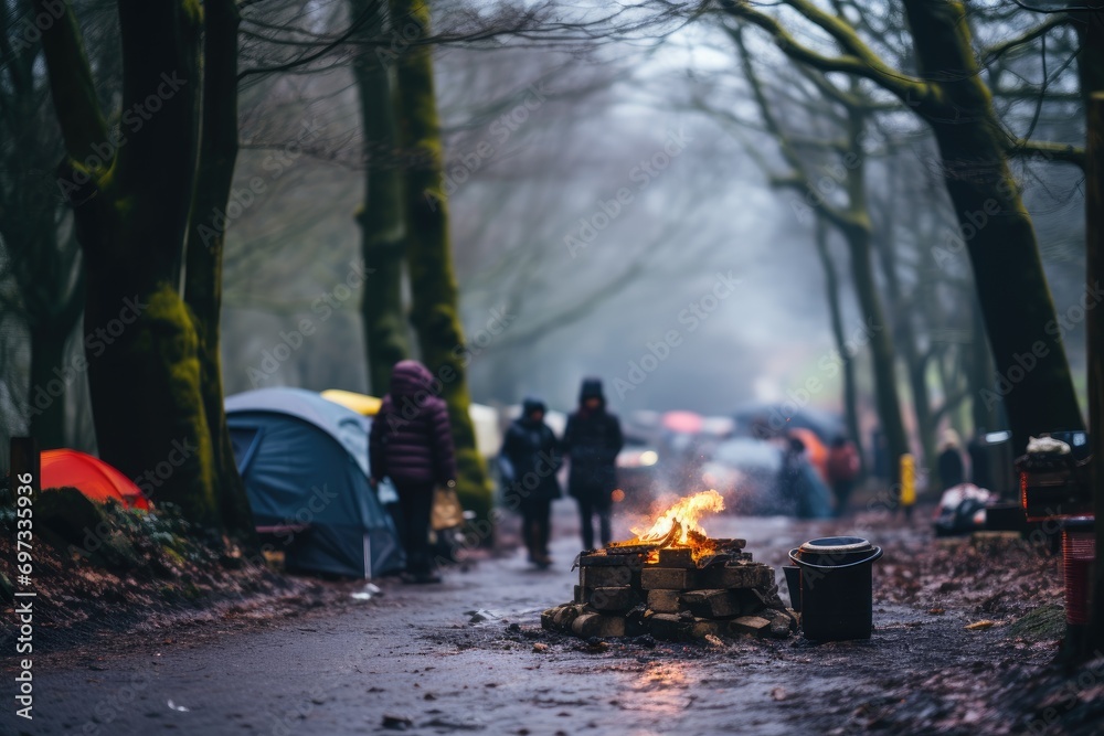 Refugee camp in late autumn or winter. The image conveys the somber reality faced by displaced individuals, highlighting the challenges and harsh conditions experienced in such settings. Refugee camp in late autumn or winter. The image conveys the somber reality faced by displaced individuals, highlighting the challenges and harsh conditions experienced in such settings.