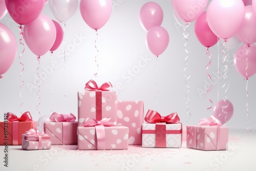 Pink Balloon background Decoration with gift boxes on white background. 3d render of birthday background, AI Generated © Tanu