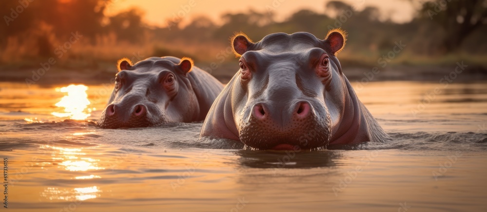 Fototapeta premium Two hippos in a watering hole in Kruger National Park, South Africa.
