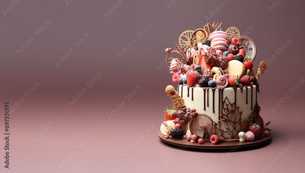 A cream colored birthday cake topped with various kinds of chocolate A cream colored birthday cake topped with various kinds of chocolate