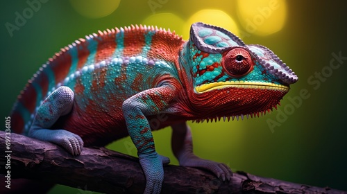 On a branch, you can see a beautiful color of a chameleon panther.