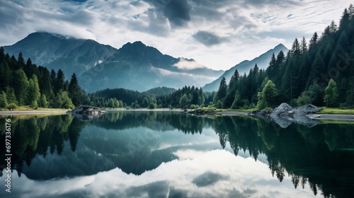 The background of a lake with mountains and trees is beautifully captured in a panoramic shot. photo