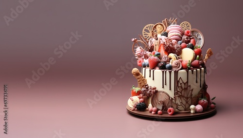A cream colored birthday cake topped with various kinds of chocolate