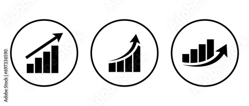 Growing bar graph icon on circle line. Rising arrow symbol vector