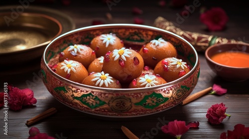 A picturesque arrangement of Gulab Jamuns amidst vibrant floral motifs, evoking a sense of sensory delight and cultural celebration. © Imran_Art