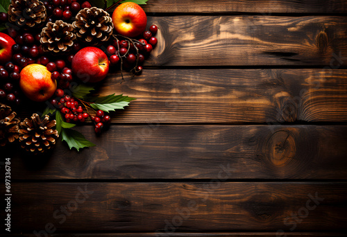 warm, rich image of a wooden surface adorned with vibrant red apples, clusters of holly berries, and brown pine cones