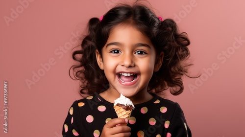 Ecstatic Indian girl with polka-dot dress enjoying a chocolate and vanilla ice cream cone.