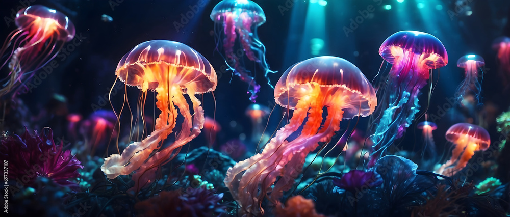 Glowing jellyfish in dark water variant two. Glowing jellyfish in dark water variant two.