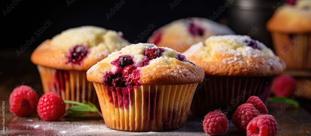 Berry-filled muffins seen from the front. Berry-filled muffins seen from the front.