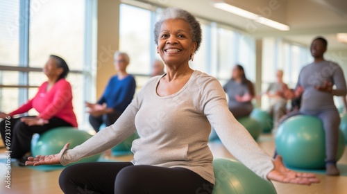 Elderly black woman smiling during a group fitness session with exercise balls in a bright gym.