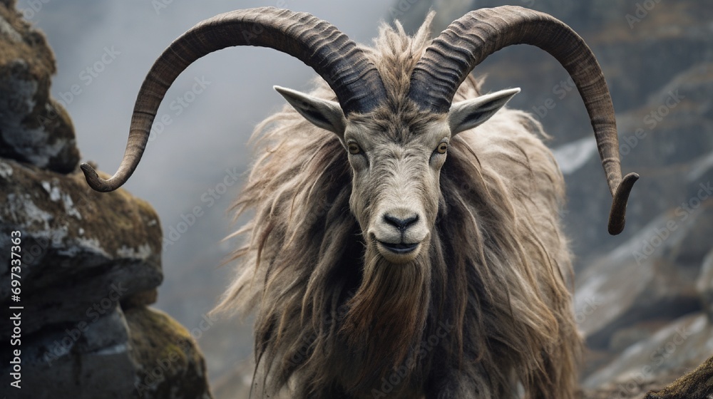 A captivating close-up of a markhor's horns against a rocky terrain, showcasing their impressive length.