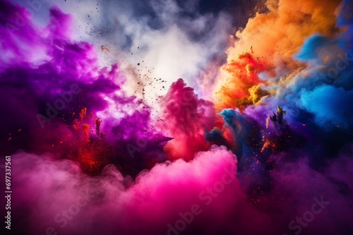 : A burst of colored powder exploding from a festival canon, creating a vivid cloud