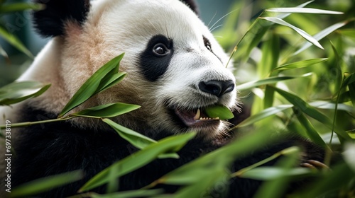 A close-up of a panda s adorable face as it munches on bamboo leaves.