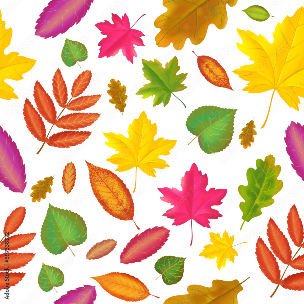 Colorful seamless pattern with autumn leaves. Falling red, yellow, green leaves Autumn fall on white background Colorful seamless pattern with autumn leaves. Falling red, yellow, green leaves Autumn fall on white background